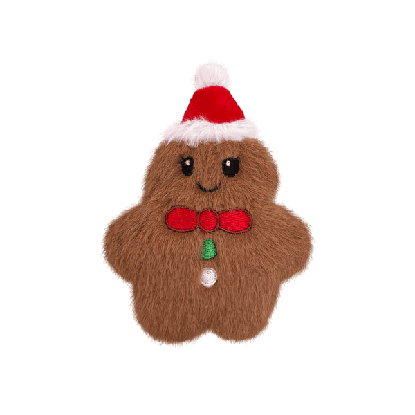 Front view of KONG Holiday Snuzzles Mini Gingerbread toy for small dogs, showing its festive gingerbread design with plush texture and built-in full-body squeaker that provides satisfying play, comfort, and enrichment during the holidays.