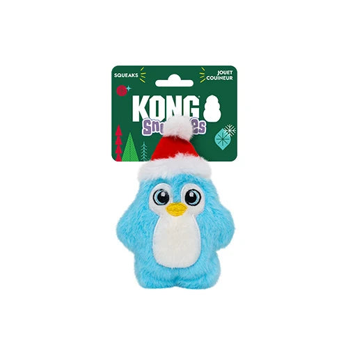 KONG Holiday Snuzzles Mini Santa Penguin X-Small dog toy – soft sky-blue plush penguin wearing a red Santa hat with pom-pom, featuring a full-body squeaker for instinct-driven play and a velvety soft exterior for cozy snuggles, ideal for small dogs