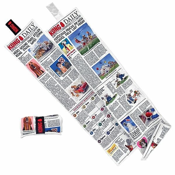 "KONG XL Daily Newspaper unrolled to showcase its full 3-foot length, with crinkly texture and squeakers."