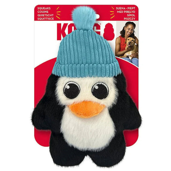 Front view of the Kong Holiday Snuzzle Penguin, featuring a full-body squeaker, plush exterior, dense texture, and flat shape for engaging holiday play and cozy snuggles.