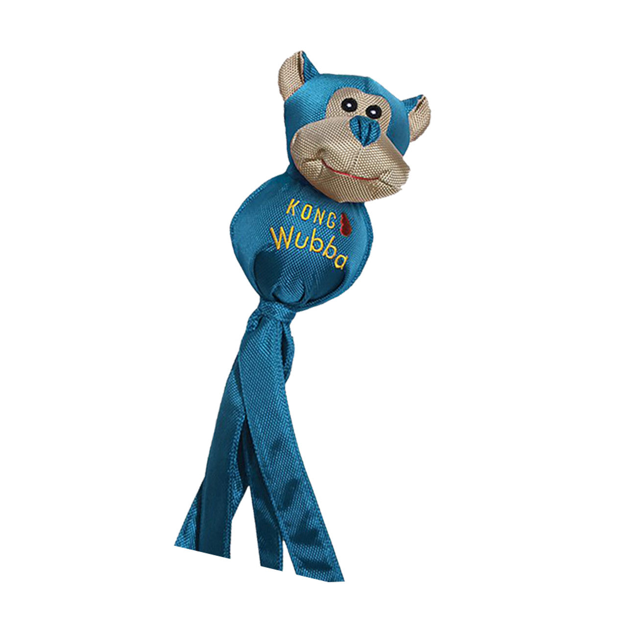 A detailed image of the Kong Wubba Ballistic Friends toy in the shape of a blue monkey, featuring its tough reinforced nylon material, long tails, and playful appearance.