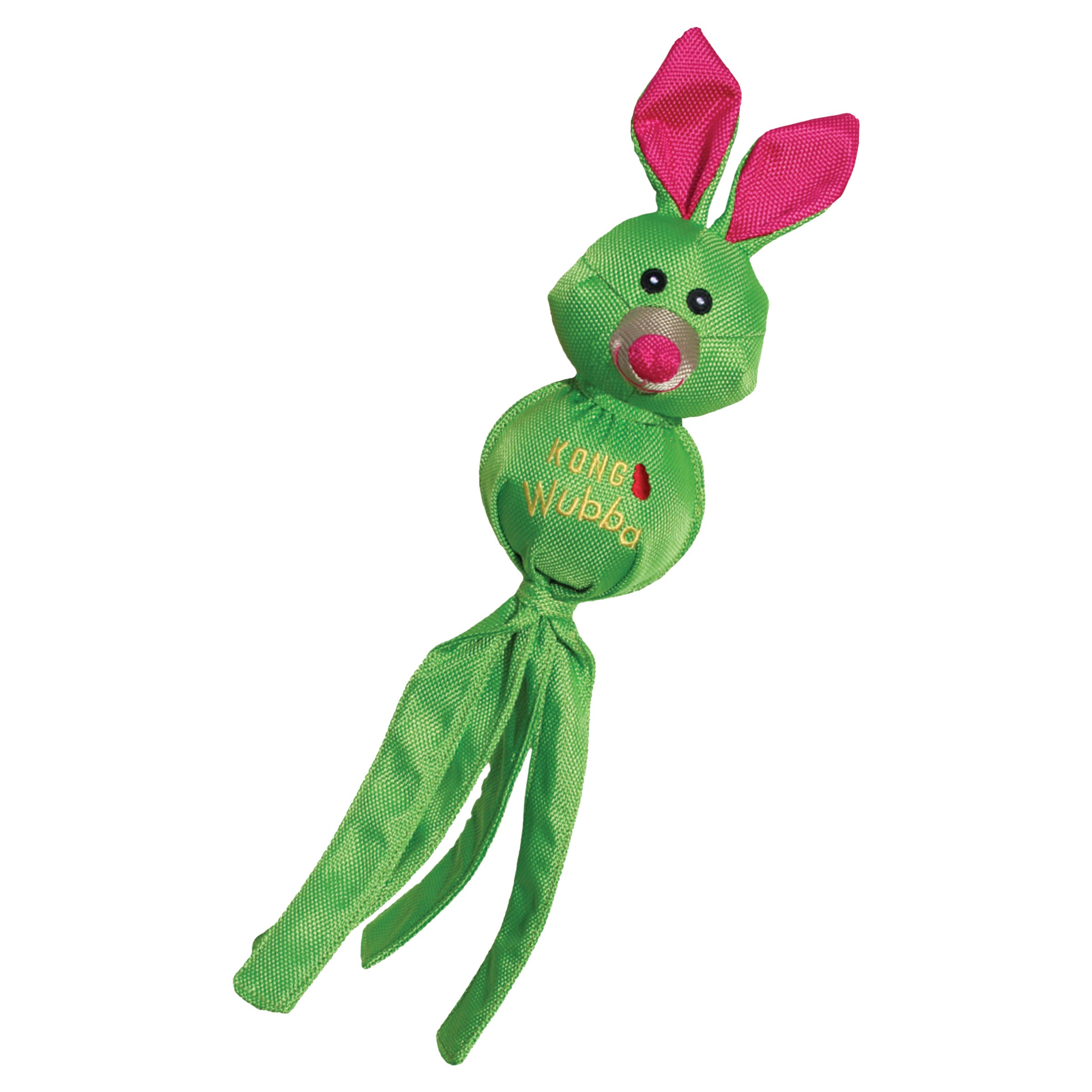 A detailed image of the Kong Wubba Ballistic Friends toy in the shape of a green bunny, showcasing its durable reinforced nylon fabric, long tails, and engaging design.