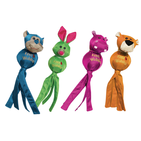 An image of the Kong Wubba Ballistic Friends showcasing the main product with smaller pictures of the four available shape options.