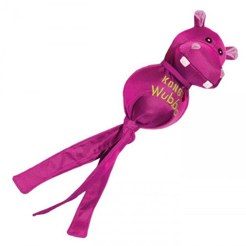A detailed image of the Kong Wubba Ballistic Friends toy in the shape of a pink hippo, highlighting its sturdy reinforced nylon fabric, long tails, and fun, colorful design.