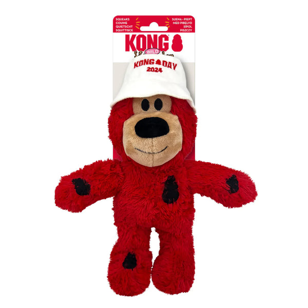 Image of the front of the Limited Edition KONG Day Wild Knots Bear in red, highlighting the bucket hat and KONG-shaped patches.