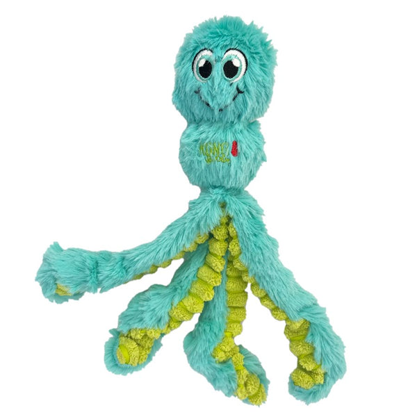 KONG Wubba Octopus toy in teal, with minimal stuffing and a built-in squeaker for prolonged play.