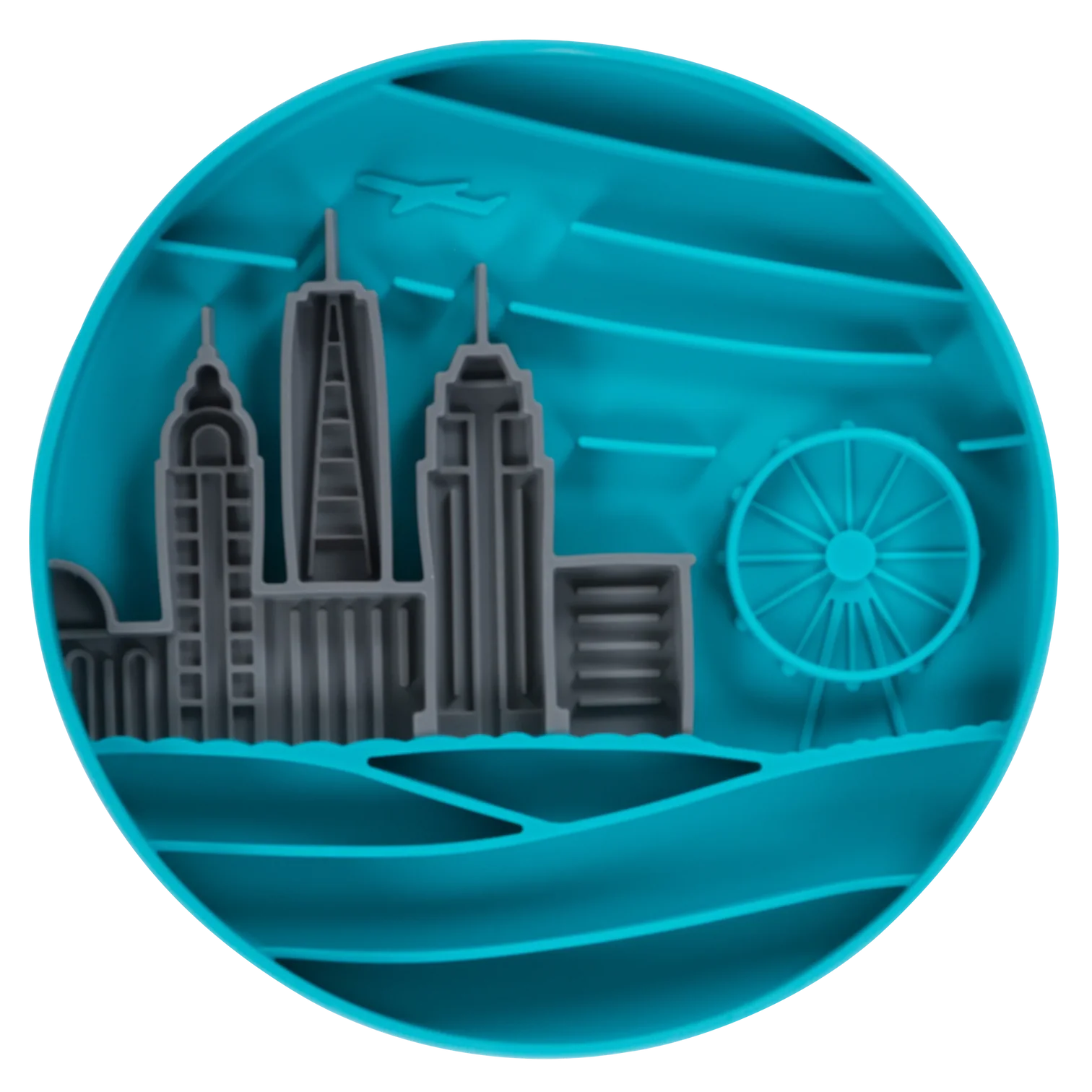 Front view of a blue silicone interactive lick bowl with raised edges and textured maze grooves designed to slow fast eating, encourage calming licking behaviour, and provide mental enrichment for dogs during meals or treats.