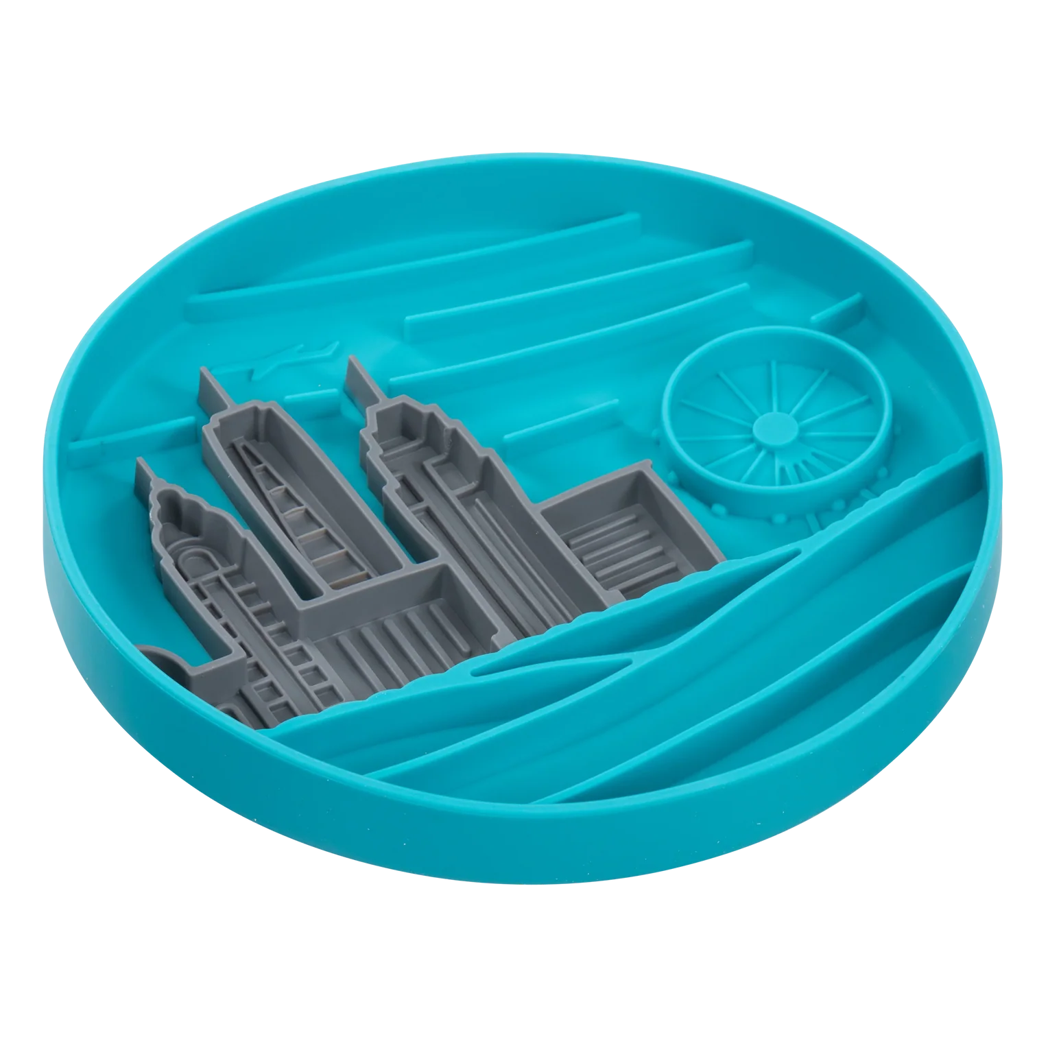 Side angle of the blue silicone lick bowl showing its depth and raised rim that helps contain wet or dry food while promoting slow feeding and reducing spills for cleaner, calmer mealtimes.