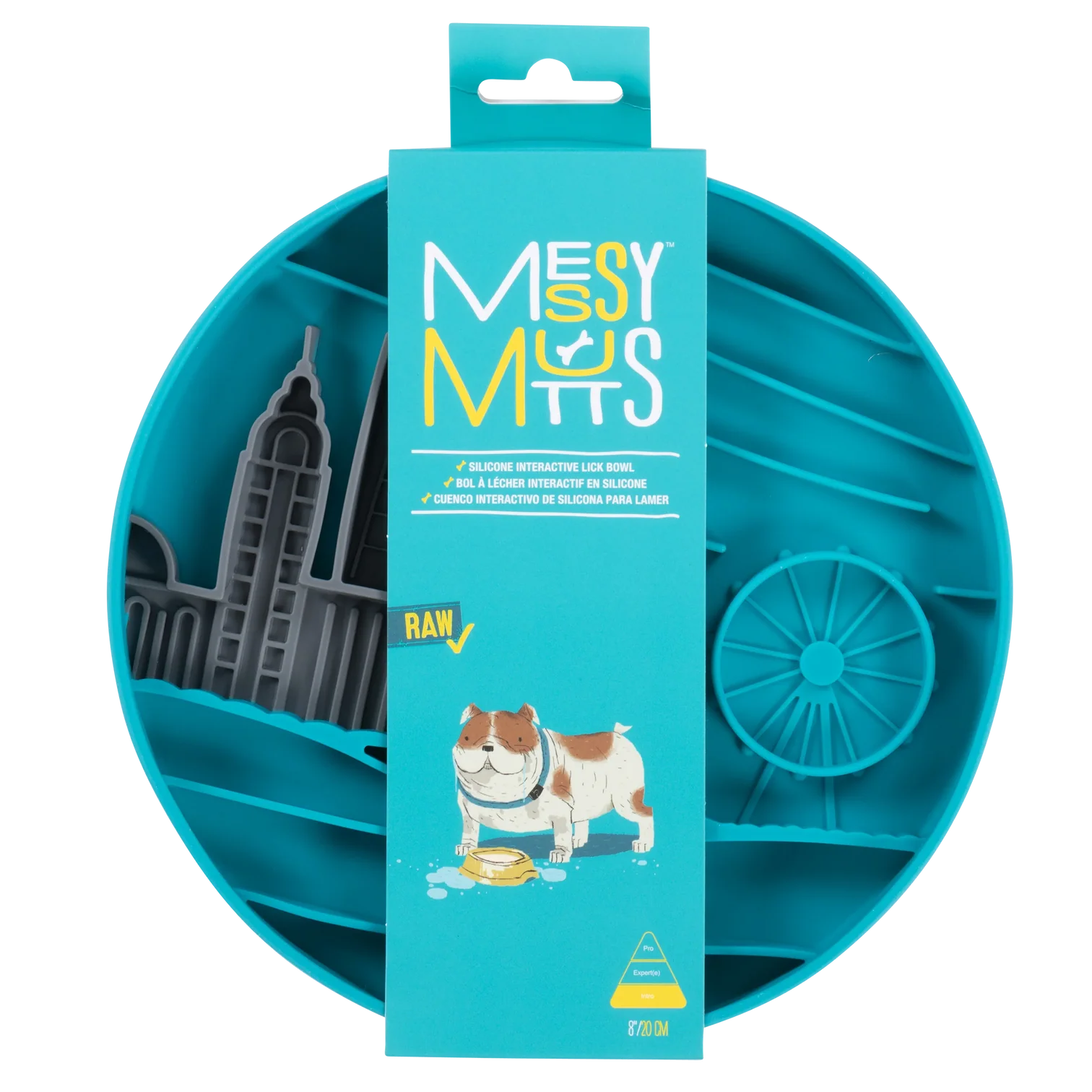 Packaged blue silicone therapeutic lick bowl for dogs, showcasing a durable, BPA-free, dishwasher-safe slow feeder designed to reduce mess, slow fast eaters, and enrich daily feeding routines.