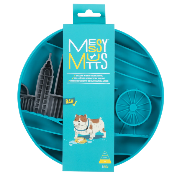 Packaged blue silicone therapeutic lick bowl for dogs, showcasing a durable, BPA-free, dishwasher-safe slow feeder designed to reduce mess, slow fast eaters, and enrich daily feeding routines.