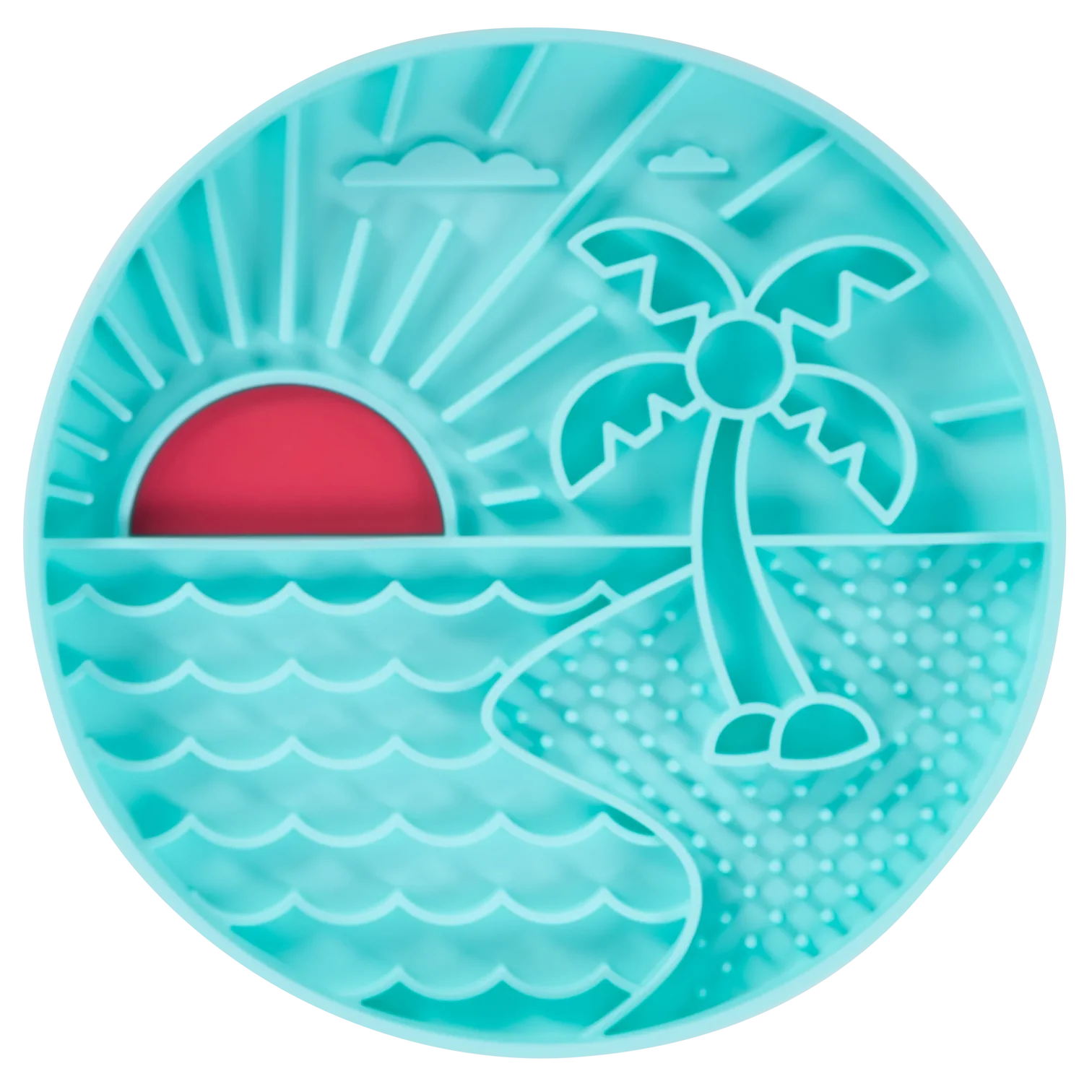 Front view of Messy Mutt Beach Scene silicone lick bowl showing textured grooves and raised edge that slow fast eating, provide calming lick therapy, and help reduce bloating with spill-resistant design and non-slip suction base.