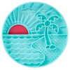 Front view of Messy Mutt Beach Scene silicone lick bowl showing textured grooves and raised edge that slow fast eating, provide calming lick therapy, and help reduce bloating with spill-resistant design and non-slip suction base.