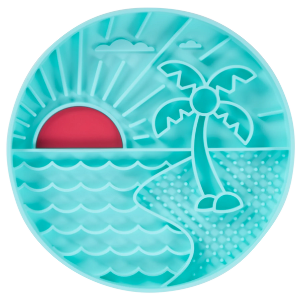 Front view of Messy Mutt Beach Scene silicone lick bowl showing textured grooves and raised edge that slow fast eating, provide calming lick therapy, and help reduce bloating with spill-resistant design and non-slip suction base.