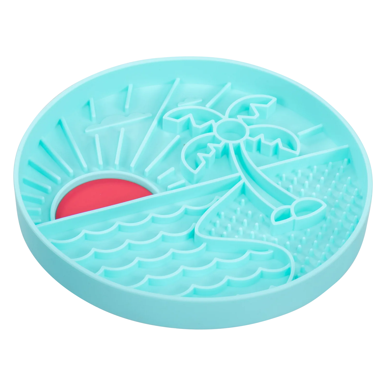 Side-angle view of the silicone lick bowl highlighting deep grooves and raised walls that hold wet foods and toppers, encourage slower licking for digestion support, and prevent spills with a stable suction base.