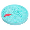 Side-angle view of the silicone lick bowl highlighting deep grooves and raised walls that hold wet foods and toppers, encourage slower licking for digestion support, and prevent spills with a stable suction base.