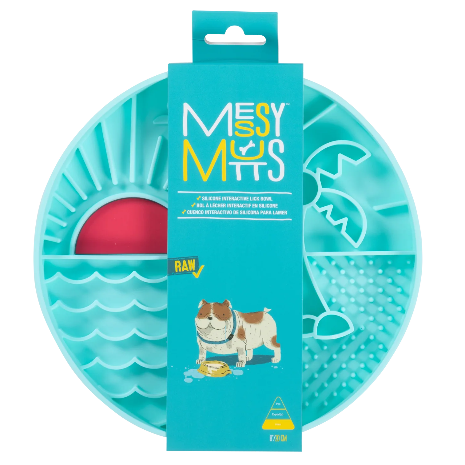 Packaged Messy Mutt Beach Scene lick bowl made from BPA- and PVC-free food-grade silicone, showcasing freezer-, microwave-, and dishwasher-safe durability for everyday slow-feeding enrichment.