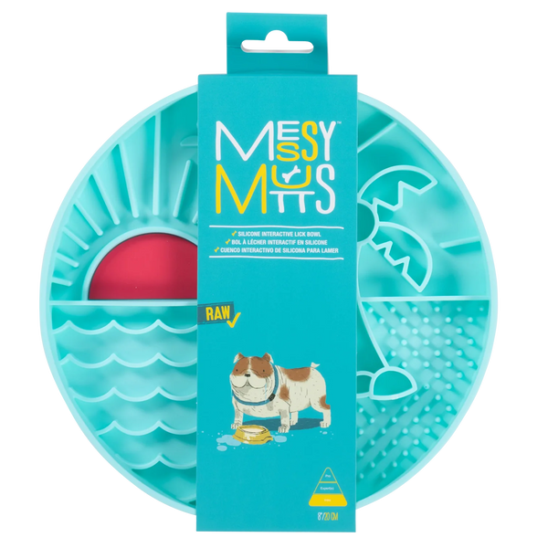 Packaged Messy Mutt Beach Scene lick bowl made from BPA- and PVC-free food-grade silicone, showcasing freezer-, microwave-, and dishwasher-safe durability for everyday slow-feeding enrichment.