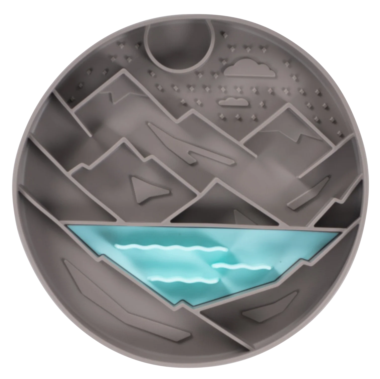 Front view of Messy Mutt silicone lick bowl showing textured maze grooves and raised edge that slow fast eating, promote calming licking therapy, and help reduce bloating while keeping wet food contained.