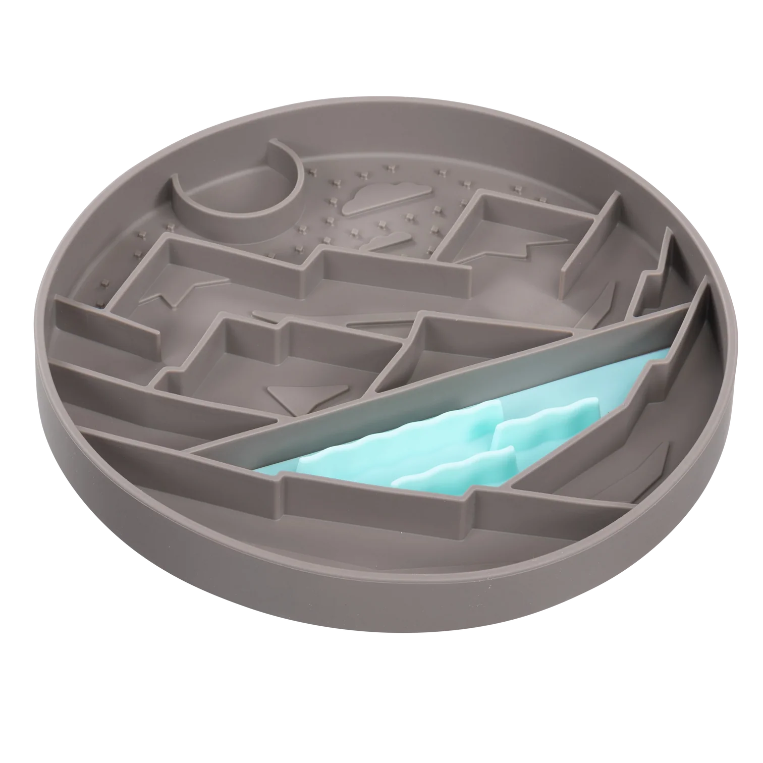 Side angle of silicone lick bowl highlighting deep grooves and sturdy raised rim with suction cups underneath, designed to hold soft foods securely and prevent spills while encouraging slower, soothing licking.