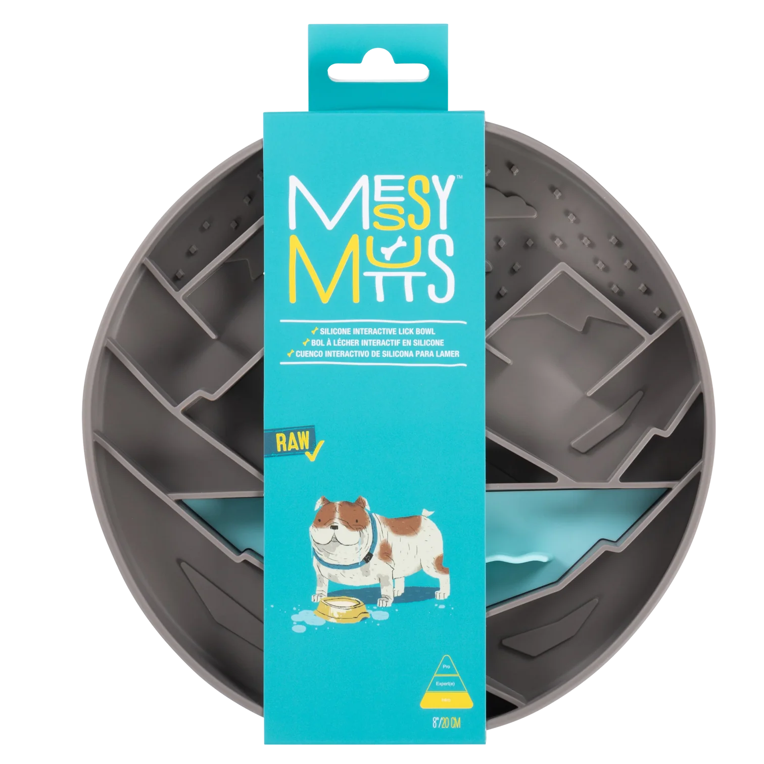 Silicone interactive lick bowl displayed in its retail packaging, highlighting the mess-free raised edges, textured slow-feeding grooves for calming enrichment, strong suction base to prevent slipping, and food-grade BPA- and PVC-free material for safe everyday use and frozen treat enrichment.