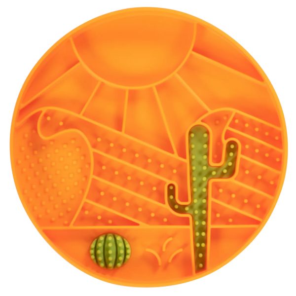 Front view of an 8-inch silicone therapeutic lick bowl with textured grooves and raised edges that slow fast eating, encourage calming lick therapy, and reduce mess during meals and snacks.