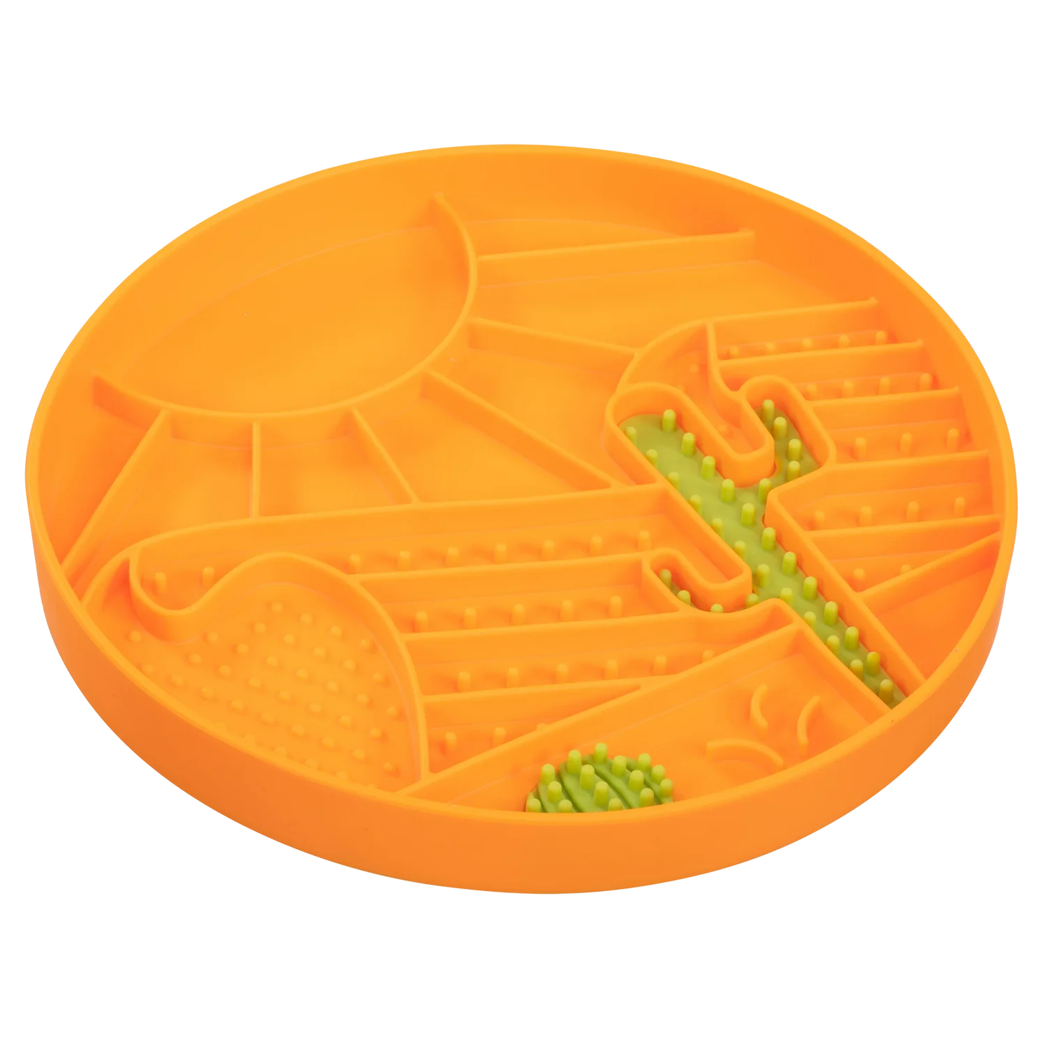 Side-angle view showing the deep, raised rim of the silicone lick bowl that contains wet or dry food, supports slower eating, and prevents spills with a stable, suctioned base.
