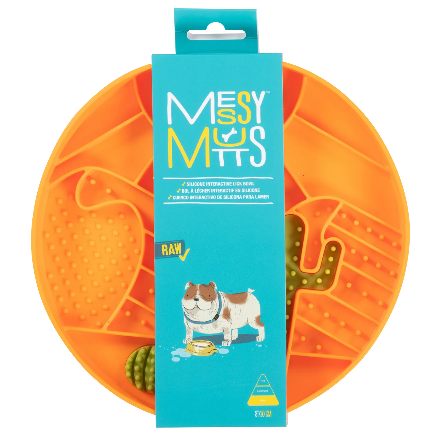 Packaged silicone therapeutic lick bowl highlighting food-grade, BPA- and PVC-free material, freezer- and dishwasher-safe design, and enrichment features for calmer, slower feeding.