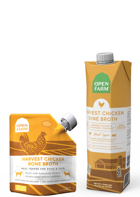 Close-up image showing the front of Open Farm Chicken Bone Broth packaging, highlighting the 12 oz and 32 oz size options.