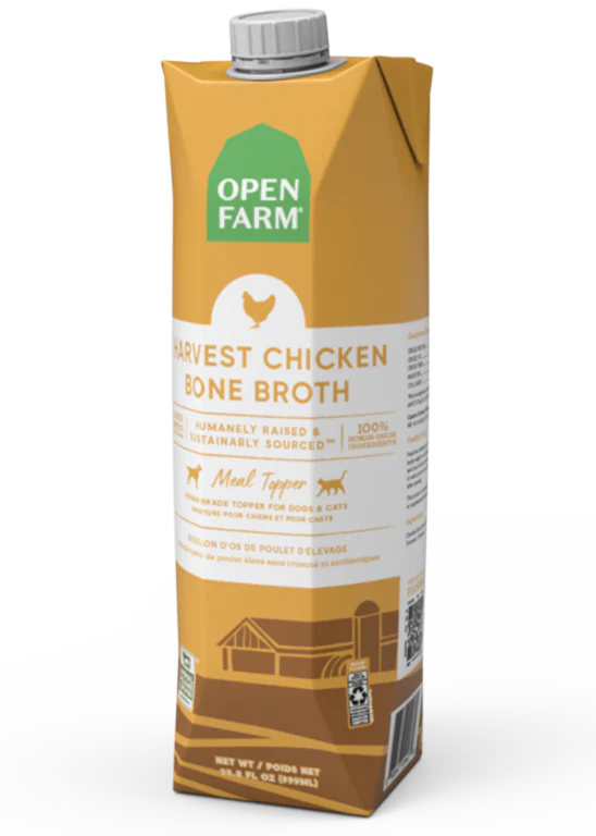 Image of the 32 oz Open Farm Chicken Bone Broth packaging, highlighting the product’s features and size.