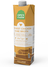 Image of the 32 oz Open Farm Chicken Bone Broth packaging, highlighting the product’s features and size.