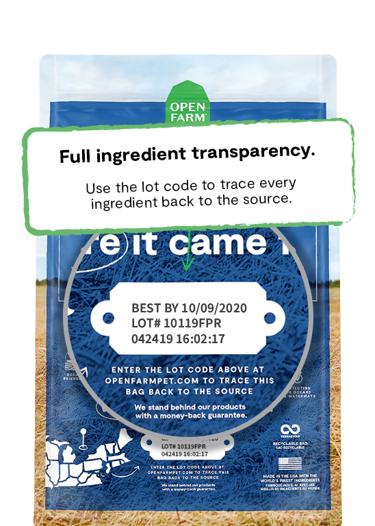 Open Farm Ancient Grain - Catch of the Season Whitefish Dog Food bag back view with detailed transparency on sourcing and ingredients.