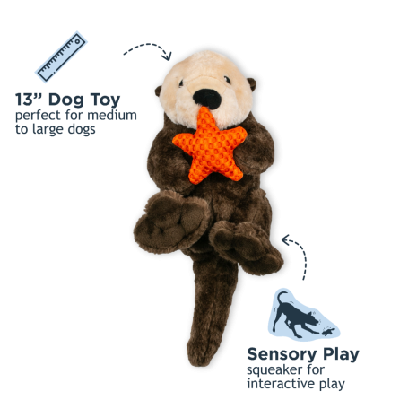 Durable 13-inch Tall Tails Otter toy with rope body, squeaker, and plush texture designed for medium to large dogs who love interactive fun.