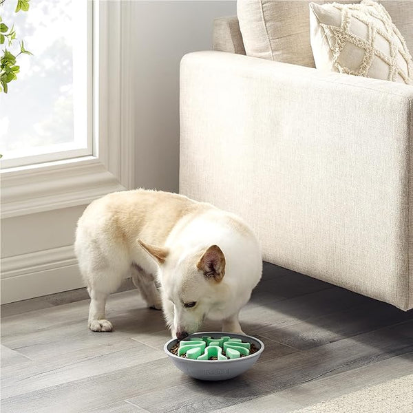 Image of a dog eating from the Outward Hound Slow Feeder Wobble Bowl.