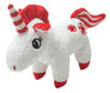 Festive Snugarooz Holiday Pepper the Unicorn Dog Toy with a peppermint-striped horn and eco-friendly, recycled material for holiday fun and playfulness.