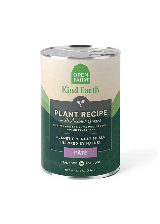 An image showing the front of the Open Farm Kind Earth Plant Based Pâté with Ancient Grains can, highlighting the brand logo, product name, and the plant-based, sustainable ingredients.