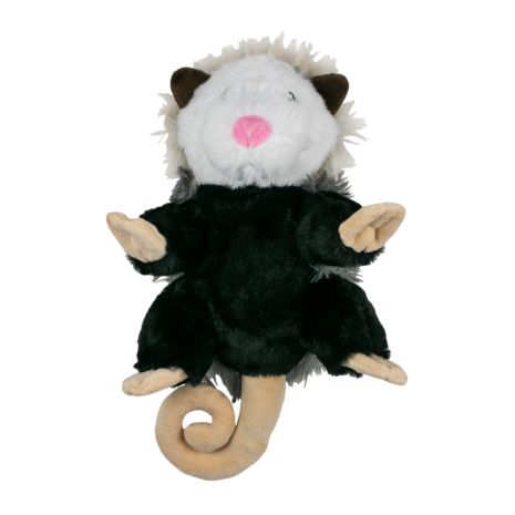 Tall Tails Plush Possum with Squeaker & Rope Interior showing 11″ size, durable rope body, reinforced mesh, and eco-friendly stuffing for safe, lasting play.