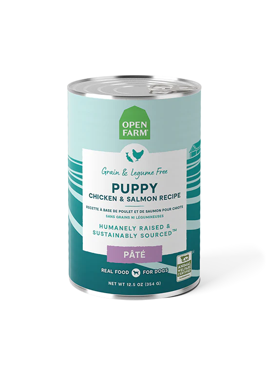 An image showing the front of the Open Farm Chicken & Salmon Pâté for Puppies can, highlighting the brand logo, product name, and the high-quality, puppy-specific ingredients.