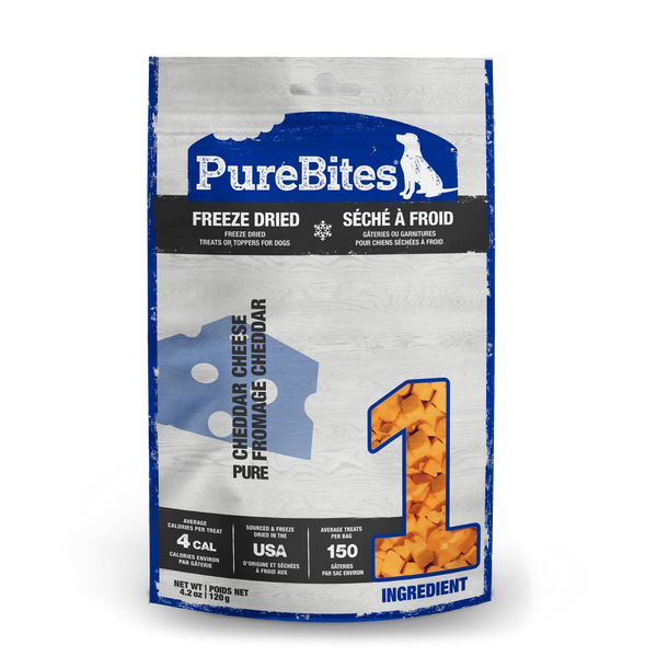 Front view of PureBites Freeze Dried Cheese Dog Treats bag, featuring 100% pure cheddar cheese as the only ingredient.