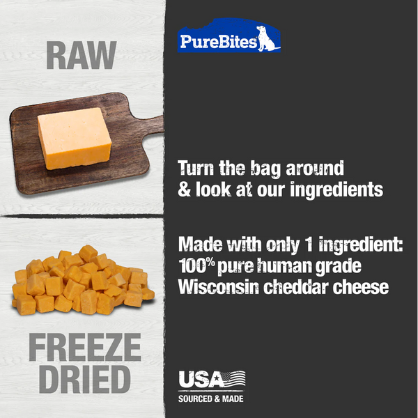 Close-up image of PureBites Freeze Dried Cheese Dog Treats, showcasing the freeze-dried cheese pieces and emphasizing the single-ingredient purity.