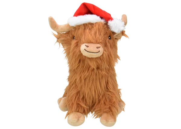 Multipet Holiday Highland Cow dog toy – a soft shaggy plush cow with crinkle horns that capture Scotland's iconic farm animal, perfect for large dogs who like to wrestle their toys and small dogs who want a cuddle companion at naptime