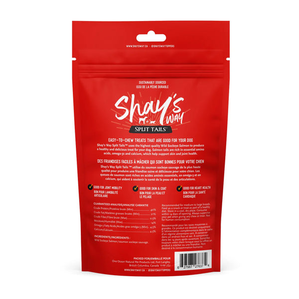 Back view of Shay's Ways Wild Sockeye Split Tails Dog Treats package highlighting nutritional benefits and feeding instructions.