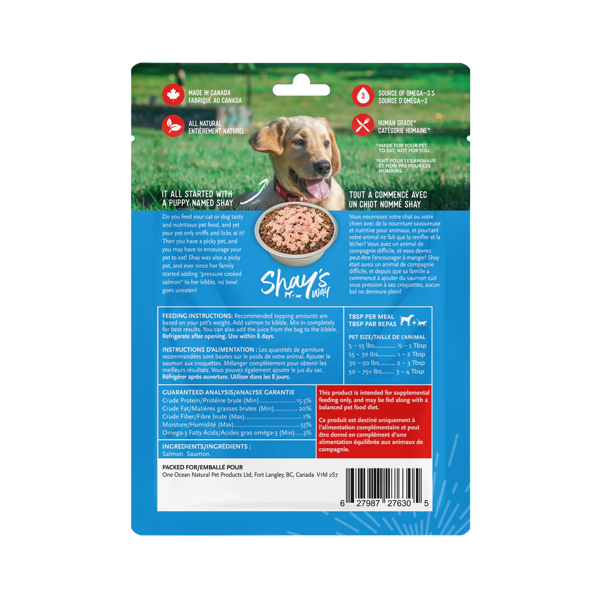 Back view of Shay's Ways Atlantic Salmon Meal Topper package highlighting nutritional benefits and feeding instructions.