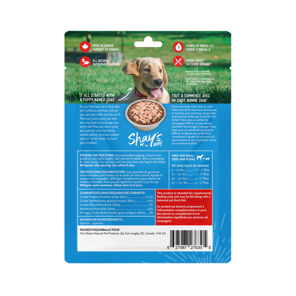 Back view of Shay's Ways Atlantic Salmon Meal Topper package highlighting nutritional benefits and feeding instructions.