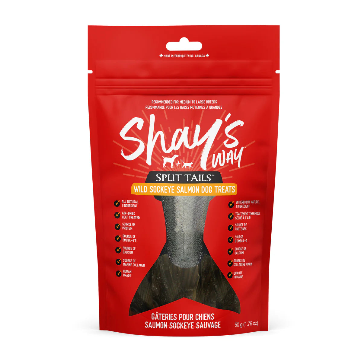 Front view of Shay's Ways Wild Sockeye Split Tails Dog Treats package showcasing its all-natural, wild sockeye salmon content.