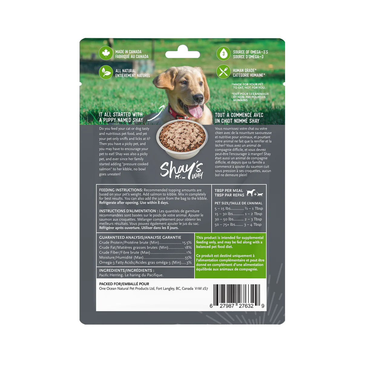 Back view of Shay's Ways Herring Meal Topper package detailing nutritional information and feeding instructions.