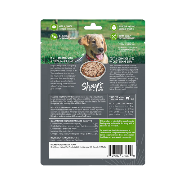 Back view of Shay's Ways Herring Meal Topper package detailing nutritional information and feeding instructions.