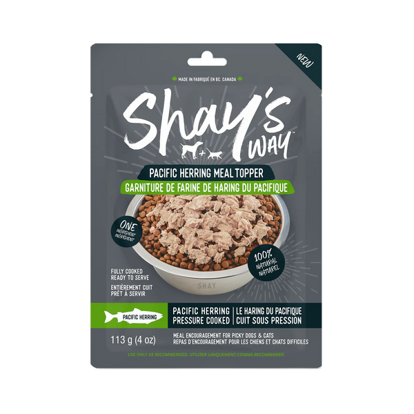 Front view of Shay's Ways Herring Meal Topper package showcasing its all-natural, human-grade herring content.