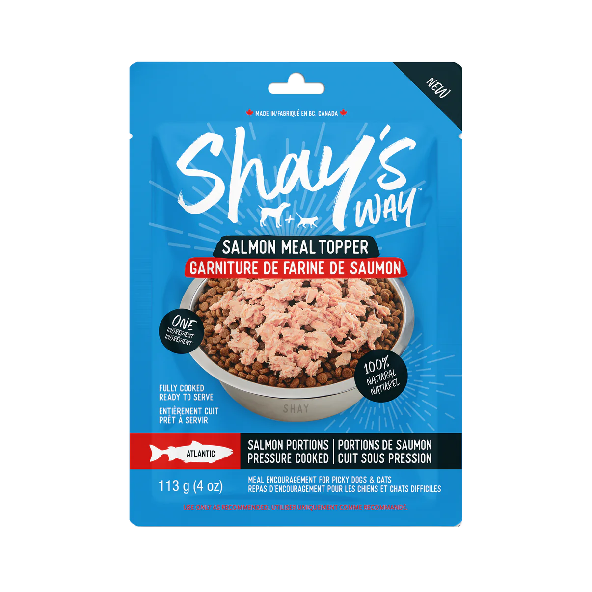 Front view of Shay's Ways Atlantic Salmon Meal Topper package showcasing premium, human-grade ingredients.