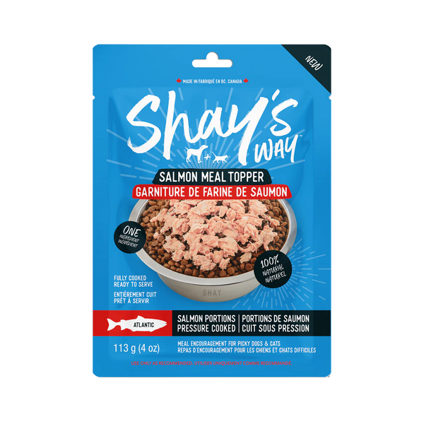 Front view of Shay's Ways Atlantic Salmon Meal Topper package showcasing premium, human-grade ingredients.