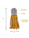 Tall Tails Octopus Plush Dog Toy shown with dimensions 14” x 4”, ideal size for medium to large dogs who love tugging, fetching, and sensory play.